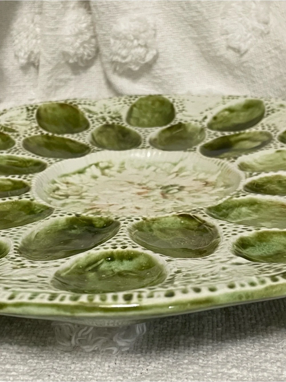 Antique‎ Green Pottery / Ceramic Egg Plate 13”